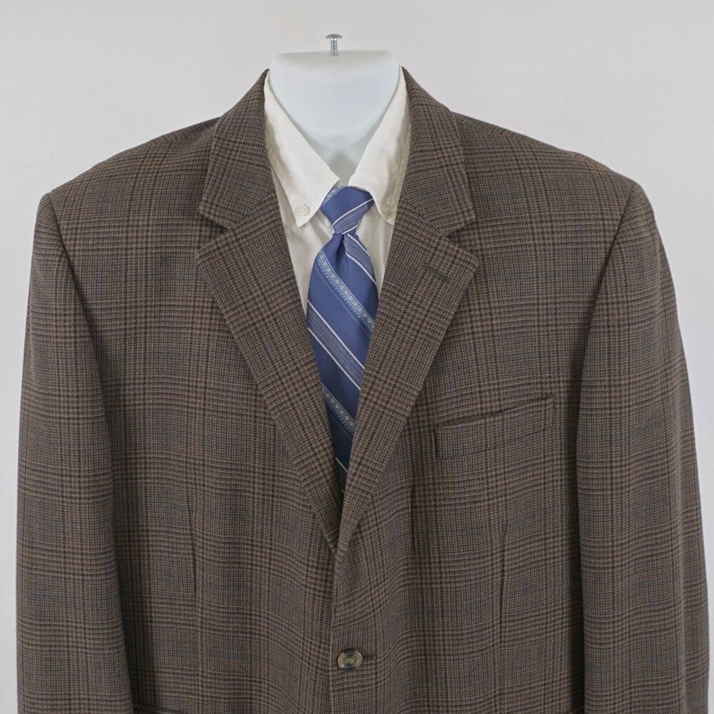 Andrew Fezza Signature Worsted Wool Brown Sport Coat‎ 46R Plaid 2 Button